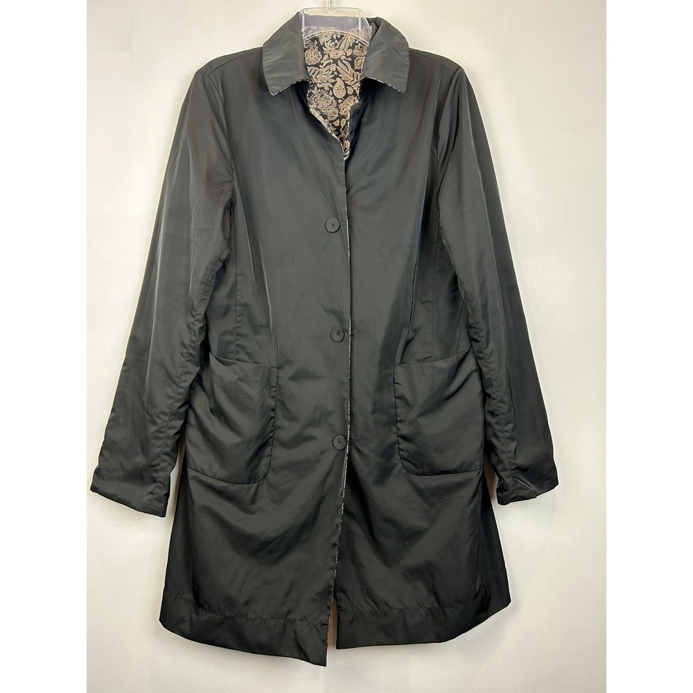 Reversible Trench Coat Womens Small Black Beige Floral Lightweight Office Career